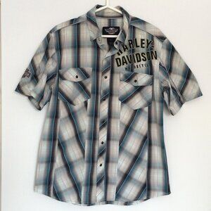 Harley Davidson Mens Plaid Button Down Shirt Medium Blue Snap Short Sleeve 2011